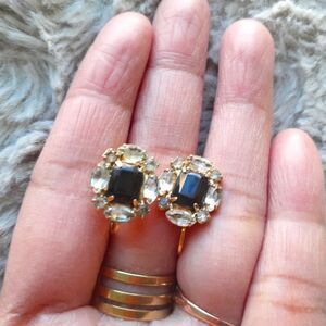 Vintage 70's Faceted Black Gem with Goldtone Rhinestone Clip On  Earrings